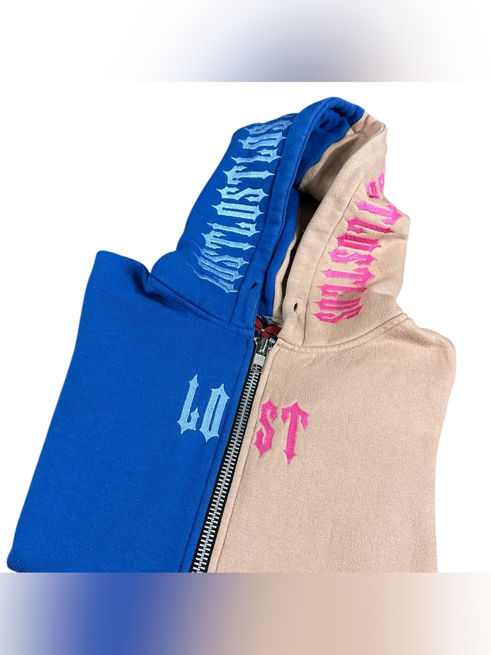 Two Tone Zip Hoodie XS Blue & Tan Gothic Y2K Streetwear
